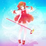  bad_id bad_pixiv_id brown_hair cardcaptor_sakura dress full_body fuuin_no_tsue green_eyes hat kinomoto_sakura magical_girl pink_hat piyo_(piyona) short_hair thighhighs wand wings 