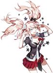  blonde_hair blue_eyes bow breasts cleavage danganronpa danganronpa_1 enoshima_junko hair_ornament long_hair medium_breasts necktie open_mouth school_uniform skirt sleeves_rolled_up smile solo spoilers star starshadowmagician twintails 