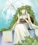  ahoge alternate_costume alternate_hair_color bird bud cloud cloudy_sky day etin green_eyes green_hair hatsune_miku japanese_clothes kimono leaf long_hair long_sleeves obi open_mouth plant_hair rain rainbow sash sitting sky solo sprout sprout_on_head transparent transparent_umbrella twintails umbrella very_long_hair vocaloid wide_sleeves yukata 