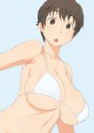  armpits bikini_top blue_background breasts brown_eyes brown_hair chestnut_mouth ebinera highres idolmaster idolmaster_cinderella_girls jewelry large_breasts oikawa_shizuku parted_lips short_hair simple_background single_earring solo strap_gap surprised 