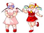  ^_^ ascot bat_wings blonde_hair blue_hair closed_eyes dress flandre_scarlet full_body hat highres multiple_girls muscle nazotyu open_mouth puffy_sleeves red_eyes remilia_scarlet short_hair side_ponytail sweatdrop touhou transparent_background undersized_clothes wings 