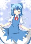  blue_dress blue_hair blue_sky blush bow cirno closed_eyes curtsey dress hair_bow ice ice_wings masiromu puffy_sleeves shirt short_sleeves sky smile solo touhou wings 