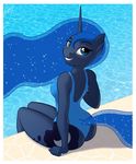  anthro anthrofied blue_eyes blue_hair butt cute cutie_mark equine female friendship_is_magic hair horn horse long_hair looking_at_viewer looking_back mammal my_little_pony one-piece_swimsuit pony pool princess princess_luna_(mlp) royalty sitting skipsy skipsypony smile solo swimsuit water winged_unicorn wings 