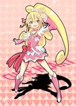  :d aida_mana blonde_hair blush boots bow character_name cure_heart dokidoki!_precure heart heart_background long_hair miyao_ryuu open_mouth pink_bow pink_eyes pink_footwear pink_sleeves pose precure red_eyes shadow smile solo sparkle standing 