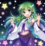  album_cover blush commentary_request cover detached_sleeves frog frog_hair_ornament green_eyes green_hair hair_ornament kochiya_sanae long_hair looking_at_viewer mauve navel smile snake_hair_ornament solo star touhou 