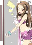  angry bracelet brown_hair cherry_blossoms flower hairband heart idolmaster idolmaster_(classic) jewelry long_hair midriff minase_iori mushiboy navel open_mouth red_eyes ribbon solo stuffed_animal stuffed_bunny stuffed_toy swimsuit 