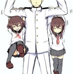  2girls :d ^_^ admiral_(kantai_collection) arms_up brown_hair carrying closed_eyes fang folded_ponytail frown hair_ornament hairclip highres ikazuchi_(kantai_collection) inazuma_(kantai_collection) kantai_collection leg_lift loafers long_hair military military_uniform momo_(higanbana_and_girl) multiple_girls open_mouth panties pantyshot ponytail school_uniform serafuku shoes sketch smile thighhighs trembling underwear uniform upskirt white_panties 