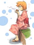  blush full_body green_eyes holding hot_drink japanese_clothes kasumi_(pokemon) kimono orange_hair pokemon pokemon_(anime) pokemon_(classic_anime) profile ribbon sandals sei_jun short_hair sitting sketch solo 