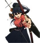  aiming arrow black_hair bloom blurry bow bow_(weapon) depth_of_field drawing_bow foreshortening gloves hair_bow holding holding_arrow holding_bow_(weapon) holding_weapon houshou_(kantai_collection) japanese_clothes kantai_collection long_hair open_mouth outstretched_arm partly_fingerless_gloves ponytail single_glove solo tukno weapon white_background yugake 