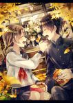  4boys anpan autumn black_hair blush brown_hair chopsticks couple feeding food gakuran happy hetero leaf long_hair maple_(cyakapon) md5_mismatch multiple_boys obentou omelet open_mouth original school_uniform serafuku short_hair tamagoyaki 