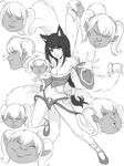  ahri animal_ears breasts cleavage detached_sleeves fox_ears fox_tail greyscale hydra korean_clothes league_of_legends long_hair medium_breasts monochrome multiple_tails poppy scofa skirt solo tail twintails what 