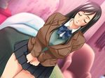  1girl bed black_hair breasts dutch_angle eyes_closed houkago_koakuma_life large_breasts long_hair school_uniform solo starworks 