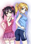  armpit_peek ayase_eli bike_shorts biting_hand black_hair blonde_hair blue_eyes breast_envy derivative_work joker_(pixiv6305125) long_hair love_live! love_live!_school_idol_project multiple_girls off_shoulder pink_eyes ponytail short_hair short_twintails skirt twintails yazawa_nico 