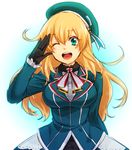  ;d aqua_eyes atago_(kantai_collection) black_gloves blonde_hair breasts gloves hat kantai_collection large_breasts long_hair looking_at_viewer military military_uniform notched_lapels one_eye_closed open_mouth salute smile solo tukno uniform 