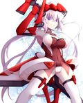  armor bad_id bad_pixiv_id bow_(weapon) breasts clenched_teeth crossbow large_breasts navel senki_zesshou_symphogear silver_hair solo teeth thighhighs weapon yude yukine_chris 