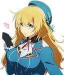  aqua_eyes atago_(kantai_collection) black_gloves blonde_hair blue_hat breasts gloves hat heart kantai_collection large_breasts long_hair looking_at_viewer military military_uniform smile solo tukno uniform white_background 
