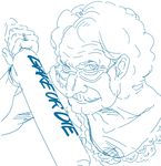  breasts cleavage cookie_clicker english eyewear_strap glasses grandma_(cookie_clicker) male_focus mitsumoto_jouji monochrome rolling_pin sketch small_breasts solo 