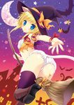  animal_ears ass bad_id bad_pixiv_id blonde_hair blue_eyes boots broom broom_riding cat_ears cat_tail crescent_moon halloween hat highres long_hair minatsuki_alumi moon original outstretched_arm purple_legwear sky solo star star_(sky) starry_moon starry_sky tail thighhighs witch_hat 