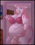  belly belly_grab big_belly bottomless bovine bow bra breasts cattle chubby cleavage clothed clothing female fur horn looking_at_viewer mammal obese overweight pink_fur purple_eyes solo teats udders underwear 