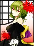  alternate_costume bare_shoulders flower frame green_hair hair_in_mouth highres japanese_clothes kazami_yuuka kimono looking_at_viewer off_shoulder red_eyes sash shironeko_yuuki solo spider_lily touhou 