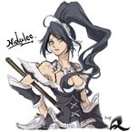  black_hair breasts character_name detached_sleeves french_maid_nidalee green_eyes hand_on_hip high_ponytail jewelry kakip large_breasts league_of_legends long_hair looking_at_viewer maid maid_headdress necklace nidalee polearm signature simple_background sketch solo spear tooth_necklace weapon white_background 