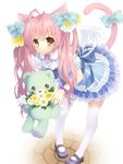  animal_ears bent_over bow cat_ears cat_tail colorized flower frills hair_bow highres long_hair nano00 original pink_hair simple_background smile solo stuffed_animal stuffed_toy tail teddy_bear thighhighs white_background white_legwear yellow_eyes 