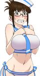  akizuki_ritsuko angry bangs bikini blunt_bangs blush breast_squeeze breast_suppress breasts brown_hair clenched_teeth embarrassed folded_ponytail glasses groin hair_up hat idolmaster idolmaster_(classic) large_breasts midriff navel necktie non-web_source panties sailor_bikini sailor_collar sailor_hat sailor_swimsuit_(idolmaster) school_uniform serafuku side-tie_panties sidelocks solo sweatdrop swimsuit teeth transparent_background underwear wata_do_chinkuru 