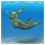  4_toes 5_fingers alliy blue_background breasts bubbles claws crocodile detts eyes_closed female green_hair green_skin hair nude piercing plain_background reptile scalie sea swimming underwater water 