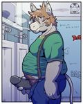  anthro chubby cigarette clothing donkey equine erection looking_at_viewer male mammal overweight pants penis precum public restroom shirt smoke solo toilet urinal wanikami 
