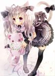  animal_ears bad_id bad_pixiv_id bent_over black_legwear bow cat_ears cat_tail colorized flower frills hair_bow highres long_hair original purple_eyes puu_(kari---ume) smile solo stuffed_animal stuffed_toy tail teddy_bear thighhighs 