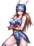 \m/ armlet armor bangs bare_shoulders belt blue_armor blush breast_hold breasts brown_eyes brown_hair cleavage covered_nipples cowboy_shot crossed_arms daisy_(dq) dragon_quest dragon_quest_yuusha_abel_densetsu flipped_hair fumio_(rsqkr) gloves groin hair_between_eyes helmet horned_helmet horns impossible_clothes large_breasts legs_apart light_smile lips long_hair looking_at_viewer no_panties pelvic_curtain simple_background smile solo standing thighhighs thighs visor white_background 
