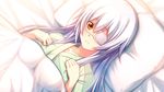  bed eyepatch game_cg innocent_bullet long_hair miyasu_sanae oosaki_shinya white_hair yellow_eyes 