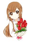  bouquet brown_eyes brown_hair flower long_hair lowres namori oomuro_hanako simple_background solo white_background yuru_yuri 
