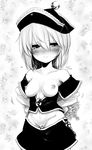 blush breasts censored commentary_request crescent greyscale harusame_(unmei_no_ikasumi) hat lunasa_prismriver medium_breasts monochrome musical_note nipples novelty_censor open_clothes open_shirt shirt short_hair skirt skirt_pull smile solo touhou 