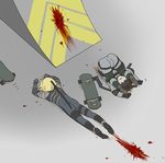  bad_id bad_pixiv_id blonde_hair blood bodysuit brown_hair failure gameplay_mechanics headband kurosu metal_gear_(series) metal_gear_solid metal_gear_solid_2 multiple_boys over_shoulder raiden ramp scabbard sheath skateboard skateboarding sneaking_suit solid_snake sword sword_over_shoulder weapon weapon_over_shoulder 