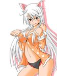  animal_ears black_hanekawa black_panties breasts cat_ears cleavage fang hanekawa_tsubasa highres large_breasts long_hair monogatari_(series) navel no_bra no_pants panties paw_pose solo underwear white_hair yellow_eyes 