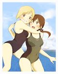  bad_id bad_pixiv_id blonde_hair blue_eyes breasts brown_eyes brown_hair erica_hartmann gertrud_barkhorn grin hair_ribbon hug masao_(ebi_no_osushi) medium_breasts multiple_girls one-piece_swimsuit open_mouth ribbon short_hair smile strike_witches swimsuit twintails water world_witches_series 