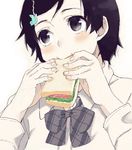  black_eyes black_hair blush bow drawr dress_shirt eating fingernails food hair_ornament mattaku_mousuke original plaid plaid_bow plaid_neckwear sandwich school_uniform shirt solo 