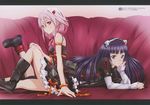 absurdres animal_ears bare_shoulders boots bracelet capri_pants dress guilty_crown hair_ornament hairclip hand_on_own_cheek hand_on_own_face highres itagaki_atsushi jewelry katou_hiromi long_hair looking_at_viewer lying multiple_girls official_art on_stomach pants pink_hair purple_eyes purple_hair red_eyes robot_ears sample short_hair sitting smile tsugumi_(guilty_crown) yuzuriha_inori 