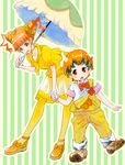  1girl :d bad_id bad_pixiv_id bent_over child dokidoki!_precure double_bun holding_hands open_mouth orange_eyes orange_hair overalls pantyhose parasol peach765 personification precure rance_(dokidoki!_precure) rance_(dokidoki!_precure)_(human) short_hair smile striped striped_background umbrella vertical-striped_background vertical_stripes yotsuba_alice 