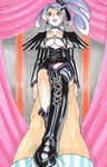  absurdres bad_id bad_pixiv_id boots breasts choker cleavage corset cross-laced_footwear crotch_stomping cure_sword dark_persona detached_sleeves dokidoki!_precure dominatrix earrings femdom hair_ornament hayami_jin high_ponytail highres jewelry kenzaki_makoto lace-up_boots large_breasts long_hair magical_girl marker_(medium) pauldrons precure purple_eyes purple_hair shiny shiny_clothes smile stomping thigh_boots thighhighs traditional_media underboob 