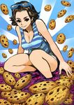  black_hair breasts cleavage cookie cookie_clicker food glasses grandma_(cookie_clicker) highres inuyou large_breasts shirt solo striped striped_shirt younger 