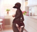  anthro avian beak big_butt bird black_feathers breasts butt catherinemeow clothed clothing eyelashes feathers female goose inside looking_at_viewer looking_back mature_female nipples panties red_eyes smile solo topless underwear white_feathers 