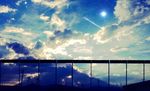  cloud cloudy_sky comet commentary_request evening highres no_humans original railing scenery shade sky star_(sky) starry_sky telephone_pole usamochi. utility_pole 