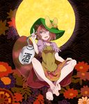  animal_ears autumn_leaves barefoot bow brown_eyes brown_hair flower full_moon futatsuiwa_mamizou glasses gourd hat highres index_finger_raised leaf misyagu moon open_mouth raccoon_ears raccoon_tail smile tail touhou 