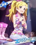  2boys artist_request barefoot blonde_hair boots boots_removed character_name cuffs emily_stewart idolmaster idolmaster_million_live! jewelry knee_boots kneeling long_hair looking_at_viewer microphone million_dreams multiple_boys necklace official_art purple_eyes shoes_removed smile twintails white_footwear 