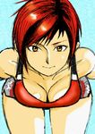  absurdres bent_over breasts brown_eyes cleavage dead_or_alive dead_or_alive_5 downblouse highres kbt-type mila_(doa) red_hair short_hair shorts solo sports_bra 