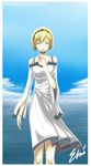  aegis_(persona) bare_shoulders blonde_hair blue_eyes dress humanization persona persona_3 short_hair signature silver_sapphire solo sundress watermark web_address 