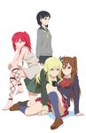  angry ankle_lace-up barefoot black_hair blonde_hair boku_wa_tomodachi_ga_sukunai brown_hair chuunibyou_demo_koi_ga_shitai! cross-laced_footwear crossover dress feet highres kashiwazaki_sena kirigaya_suguha long_hair magi_the_labyrinth_of_magic mark_henry_bustamante morgiana multiple_girls nibutani_shinka one_side_up panties plaid plaid_skirt red_hair school_uniform short_hair sitting skirt st._chronica_academy_uniform sweater sword_art_online underwear 