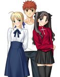  1boy 2girls antenna_hair aqua_eyes black_hair black_legwear black_thighhighs blonde_hair blush bow bowtie emiya_shirou fate/stay_night fate_(series) game_cg green_eyes hair_ribbon long_hair long_skirt long_sleeves looking_at_viewer multiple_girls official_art pants red_hair ribbon saber short_hair skirt smile sweater takeuchi_takashi thighhighs tohsaka_rin twintails type-moon yellow_eyes 